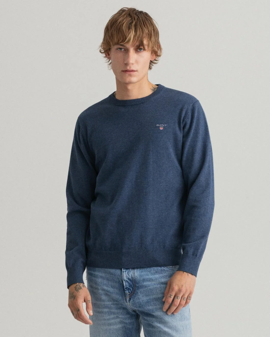 Knitwear | Mens GANT Classic Cotton Crew Neck Sweater Dk Jeansblue Melange