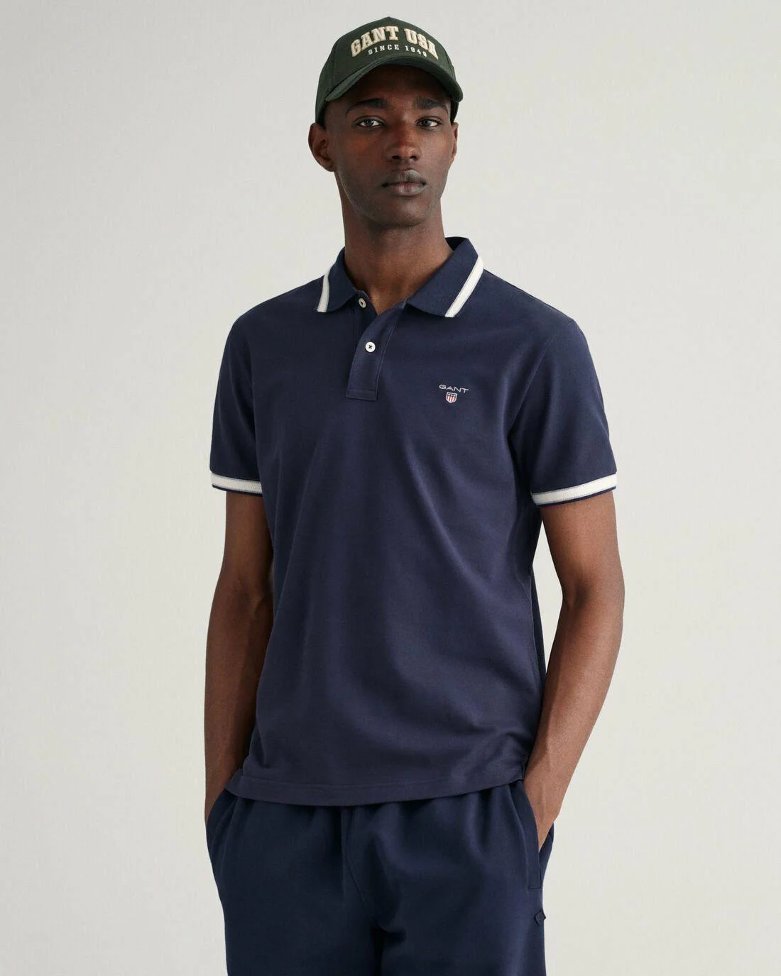 Polo Shirts | Mens GANT Herringbone Tipping Piqué Polo Shirt Evening Blue