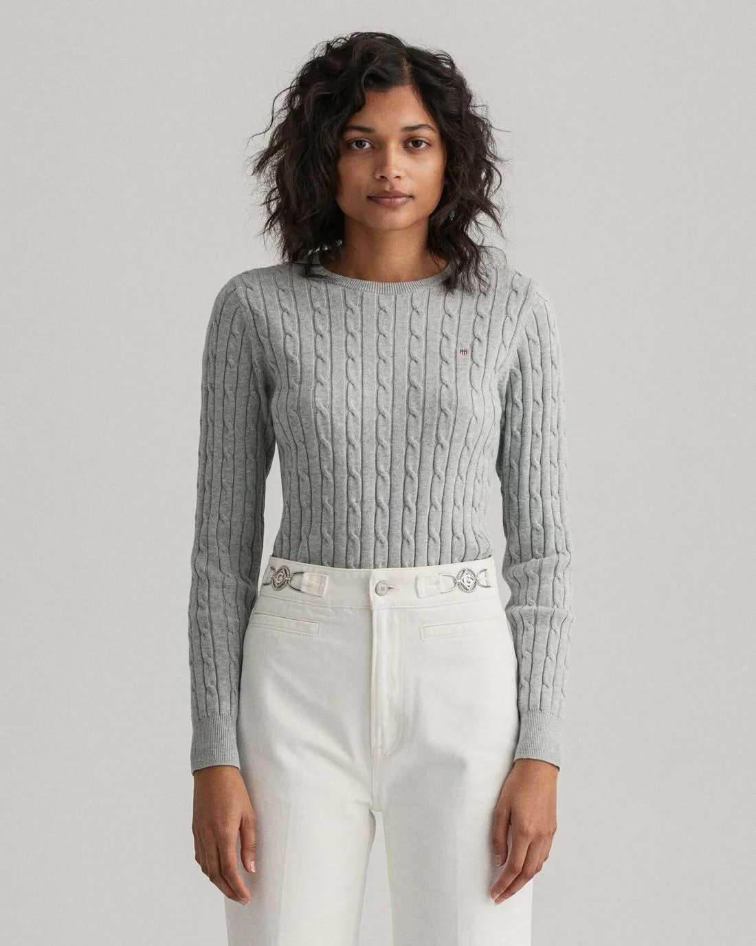 Knitwear | Womens GANT Stretch Cotton Cable Crew Neck Sweater Light Grey Melange