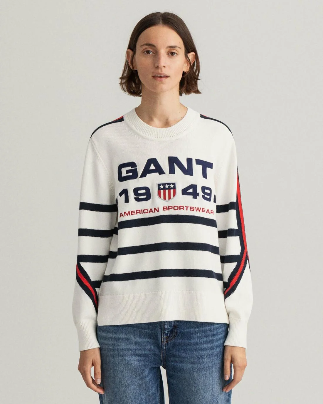 Knitwear | Womens GANT Retro Shield Stripe Crew Neck Sweater Eggshell