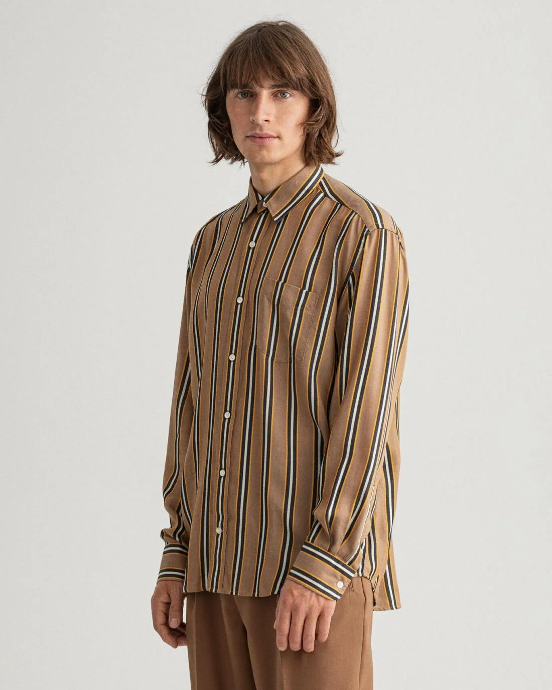 Shirts | Mens GANT Pure Prep Relaxed Fit Striped Lyocell Shirt Roasted Walnut