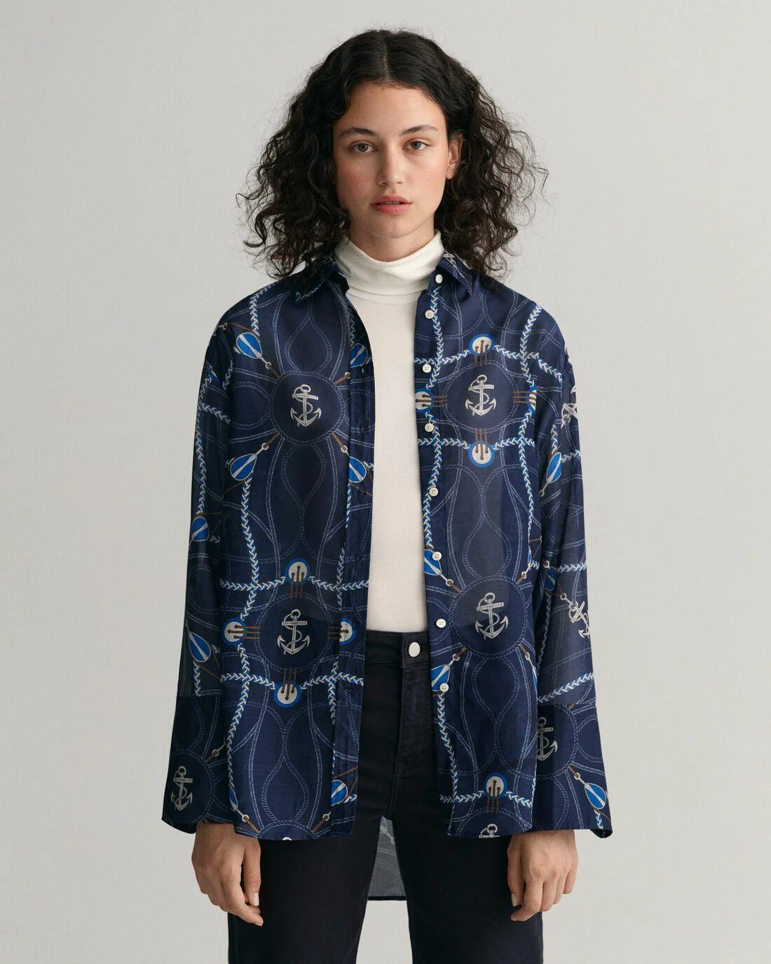 Shirts And Blouses | Womens GANT Relaxed Fit Sailing Print Cotton Silk Blouse Evening Blue