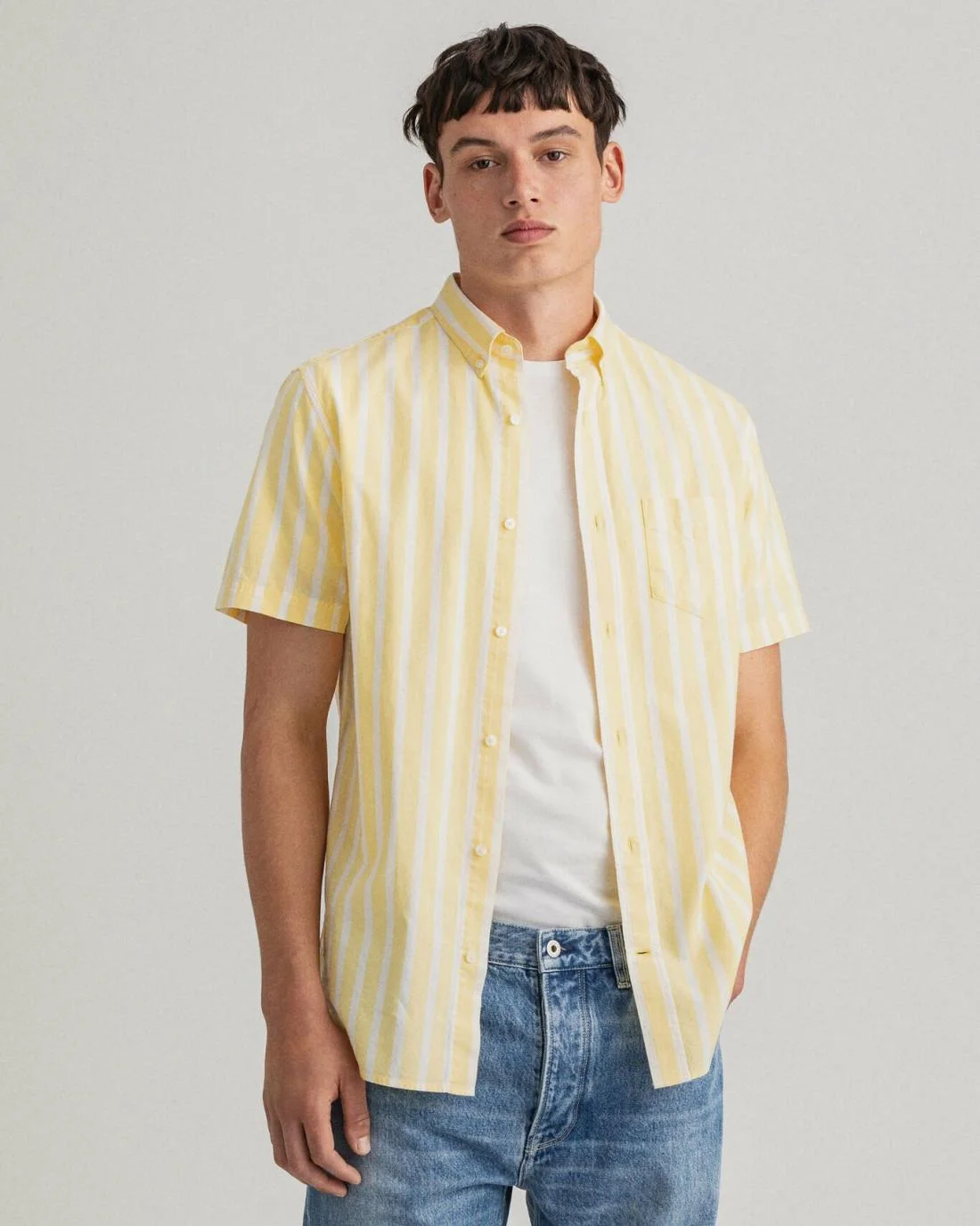 Shirts | Mens GANT Regular Fit Stripe Pastel Short Sleeve Oxford Shirt Banana Yellow