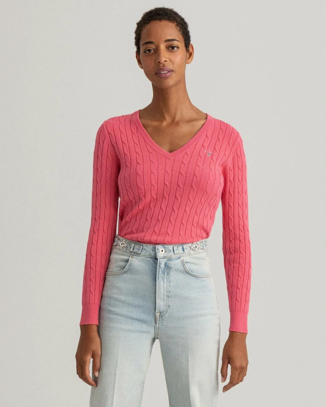 Knitwear | Womens GANT Stretch Cotton Cable V-Neck Sweater Rapture Rose