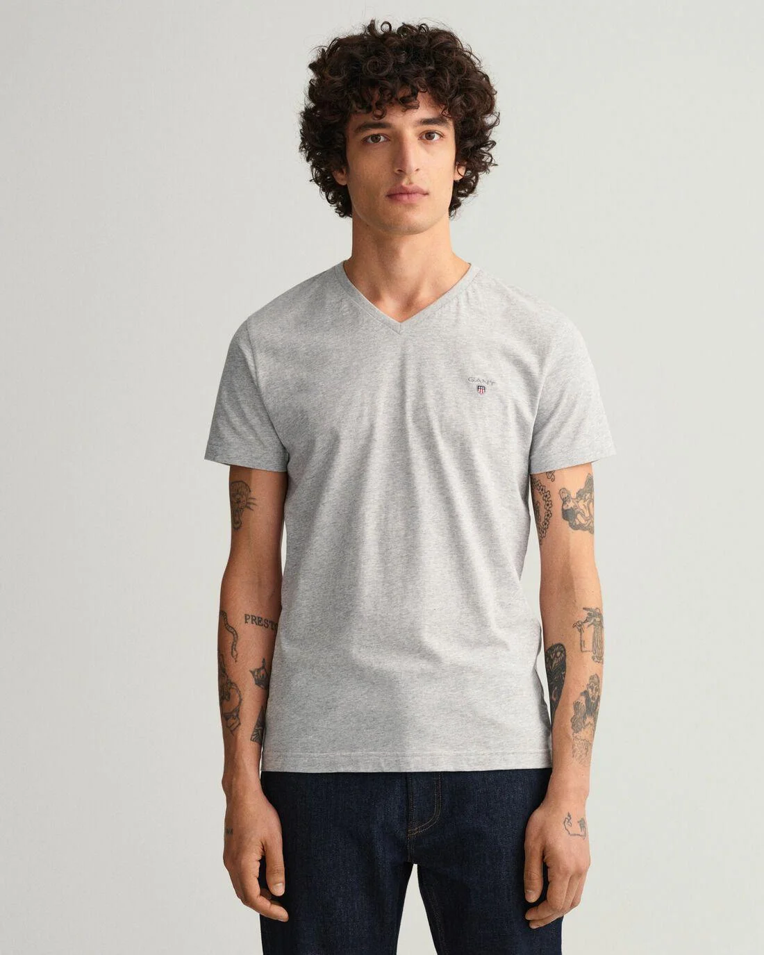 T-Shirts | Mens GANT Original Slim Fit V-Neck T-Shirt Light Grey Melange