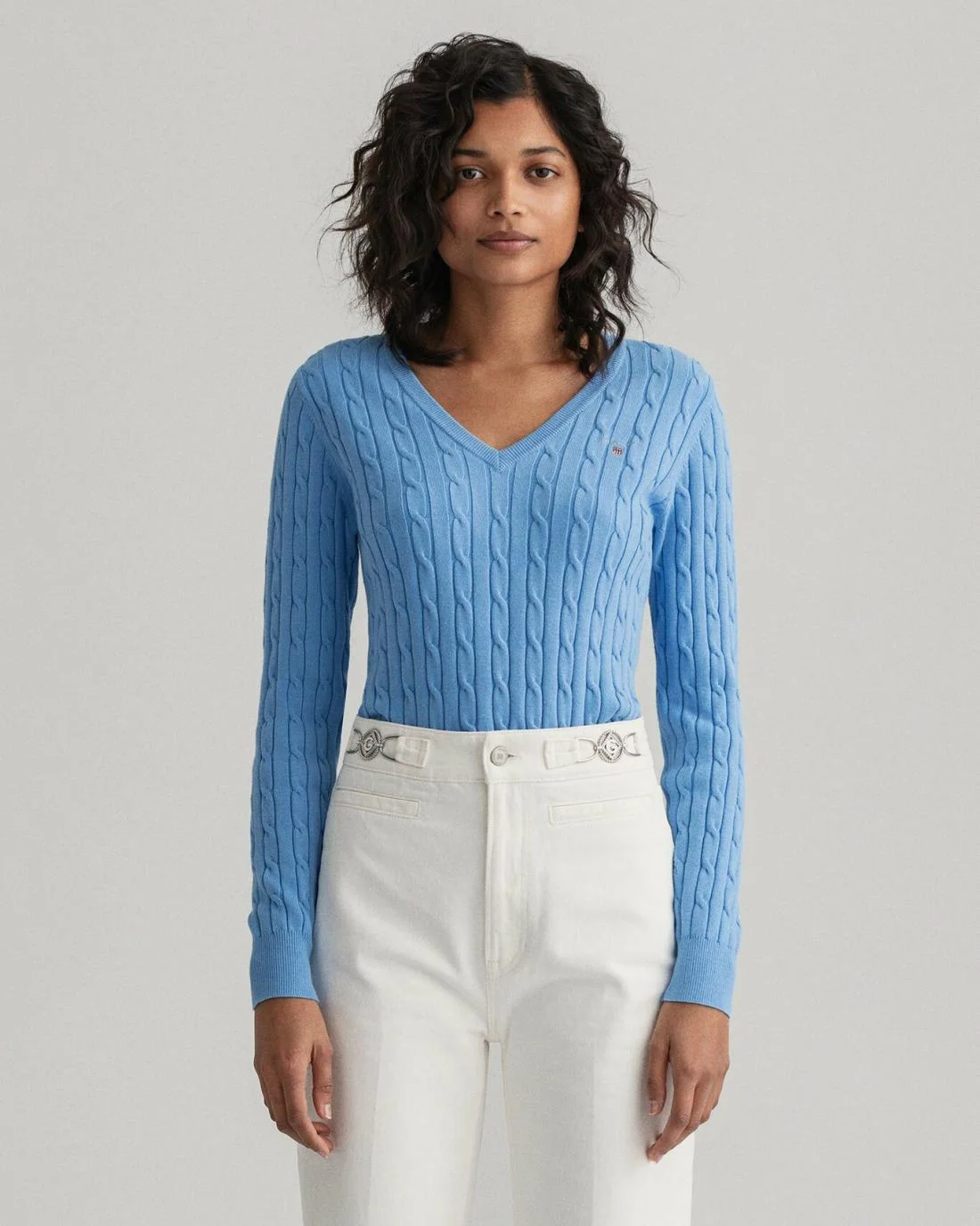 Knitwear | Womens GANT Stretch Cotton Cable V-Neck Sweater Silver Lake Blue