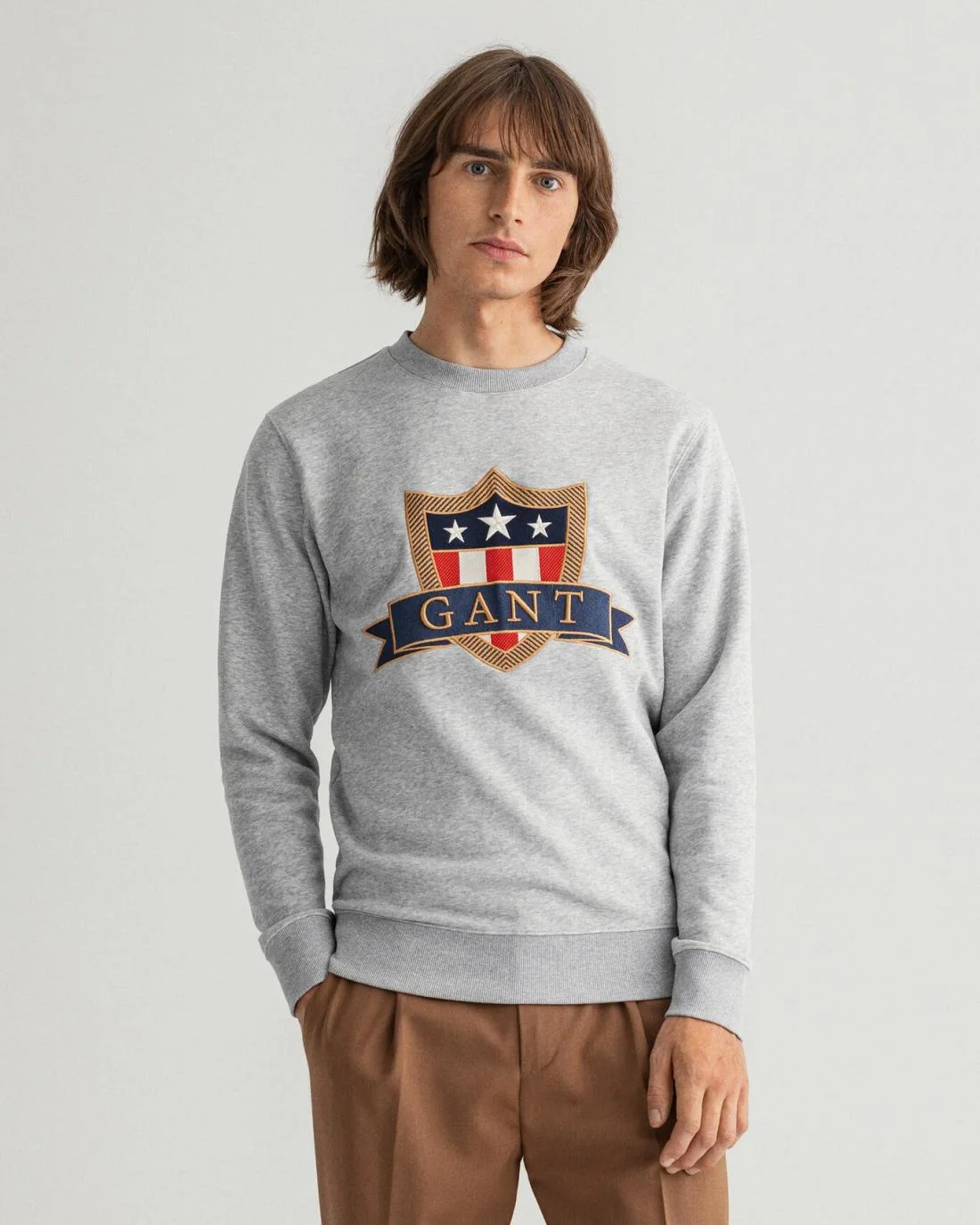 Hoodies And Sweats | Mens GANT Banner Shield Crew Neck Sweatshirt Grey Melange