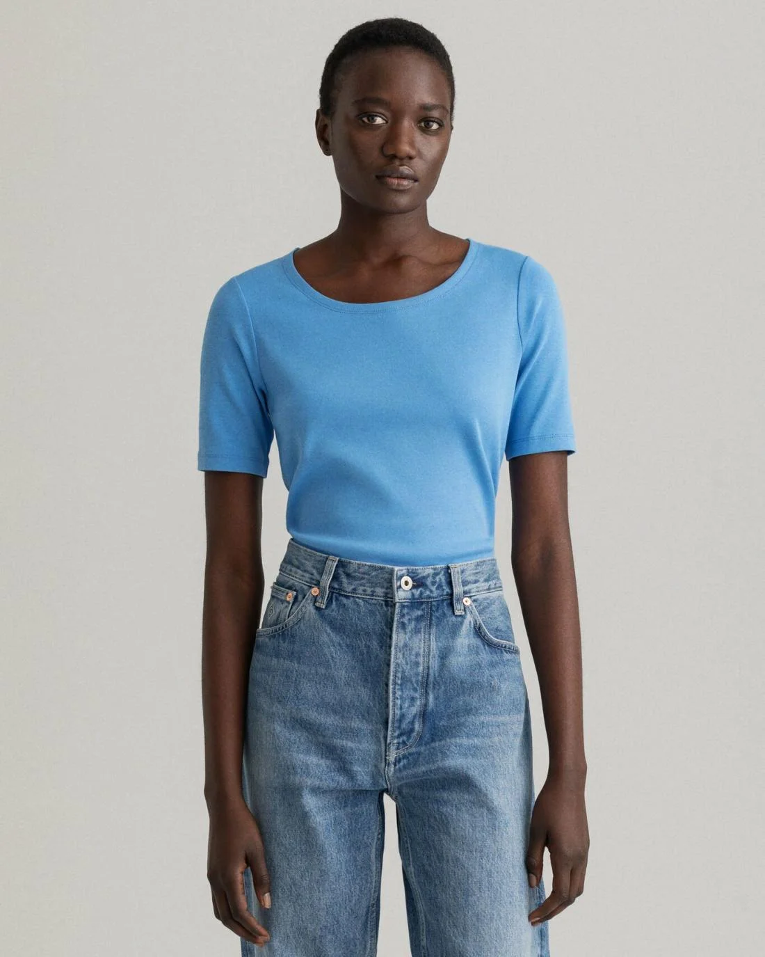 Polos And T-Shirts | Womens GANT Ribbed Long-Short Sleeve T-Shirt Silver Lake Blue