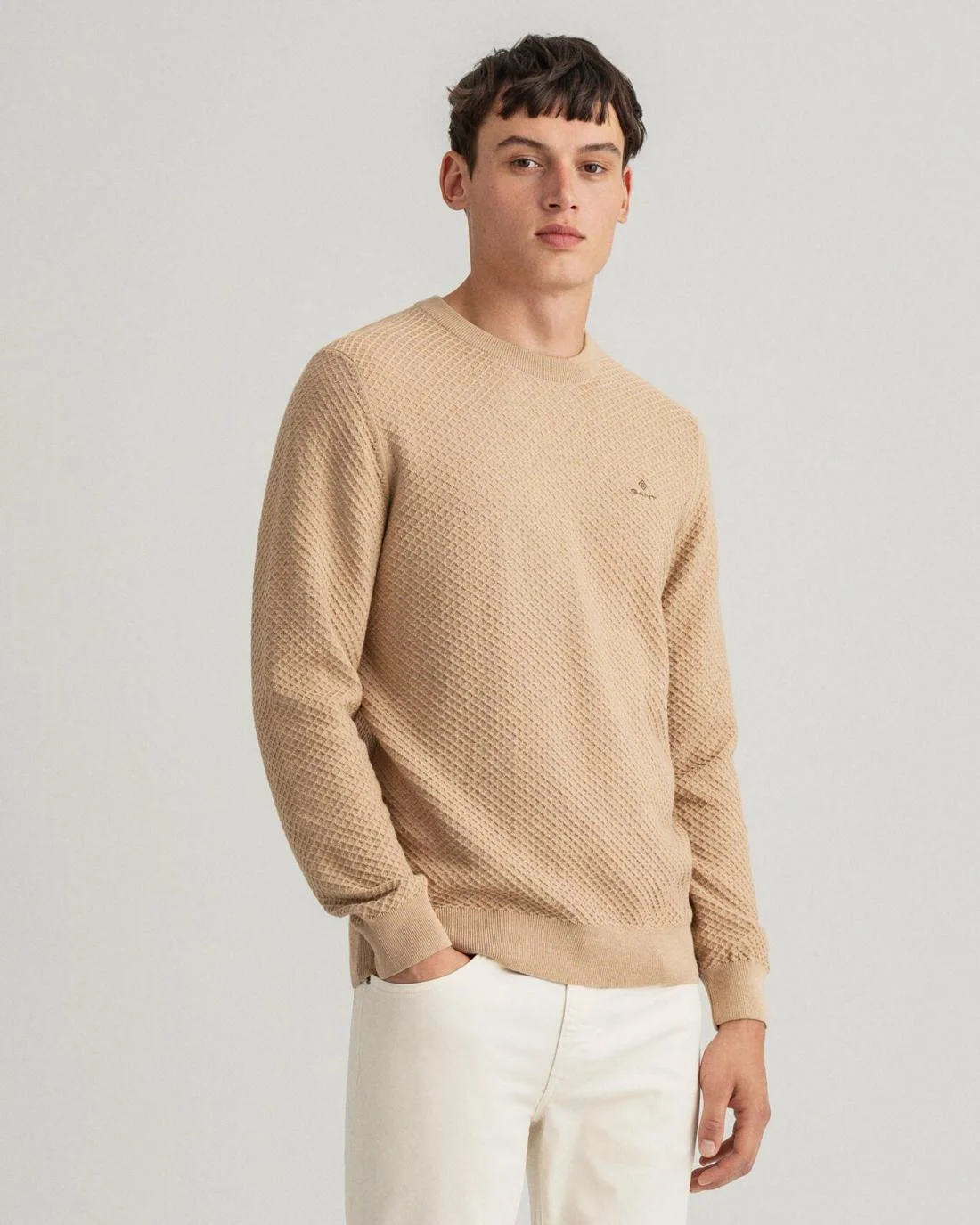 Knitwear | Mens GANT Cotton Texture Crew Neck Sweater Sand Melange