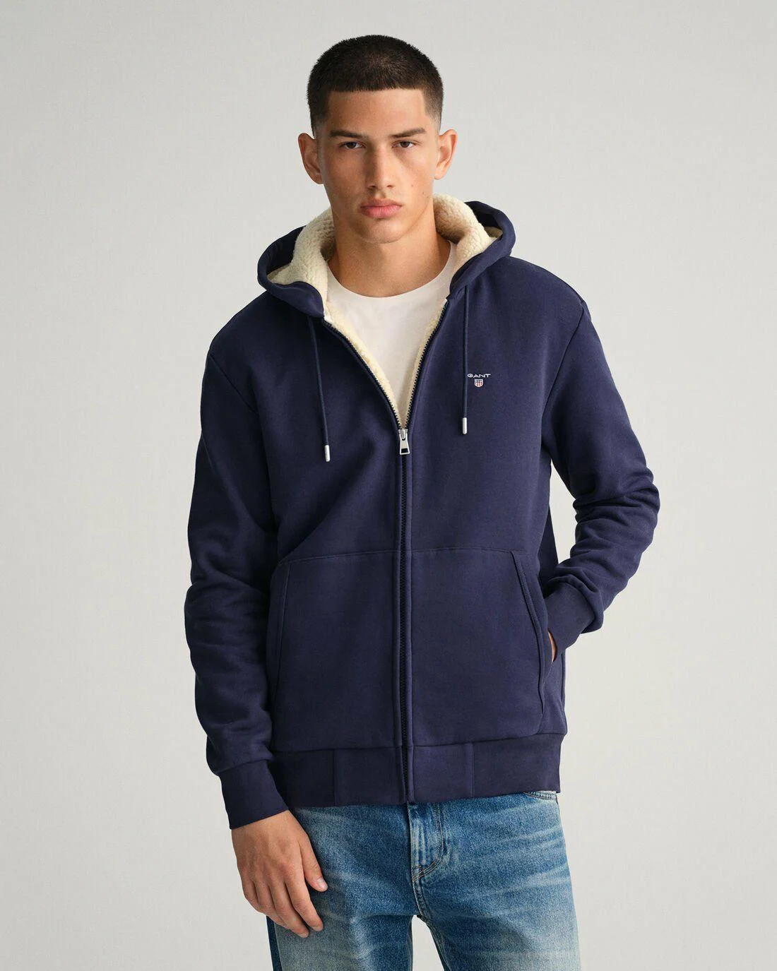 Hoodies And Sweats | Mens GANT Sherpa Fleece Zip Sweat Hoodie Evening Blue