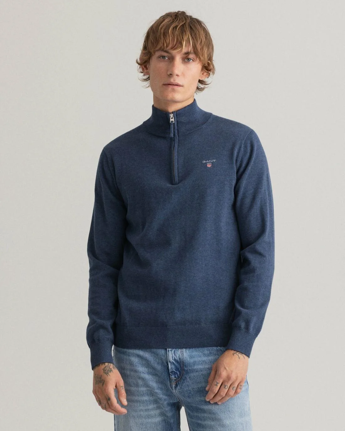 Knitwear | Mens GANT Classic Cotton Half-Zip Sweater Dk Jeansblue Melange