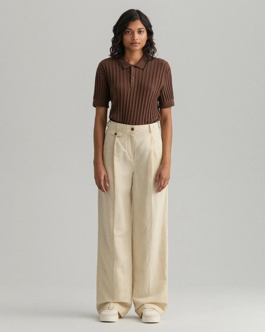 Trousers | Womens GANT High-Waisted Linen Blend Wide Leg Pants Desert Beige