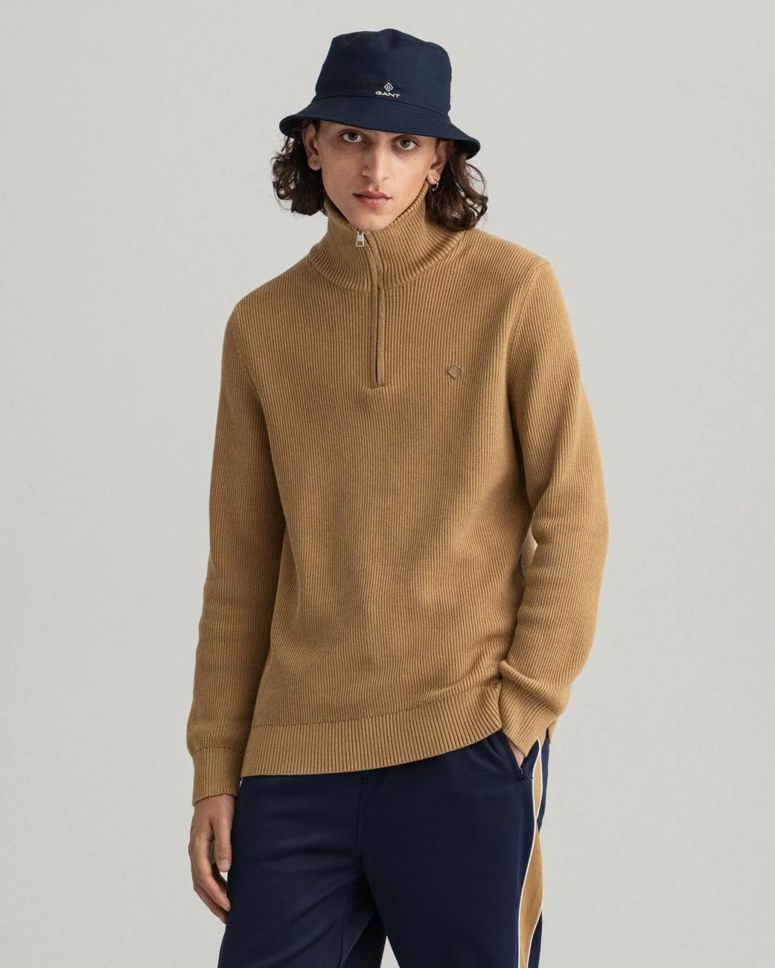 Knitwear | Mens GANT Cotton Rib Half-Zip Sweater Cavalry Beige