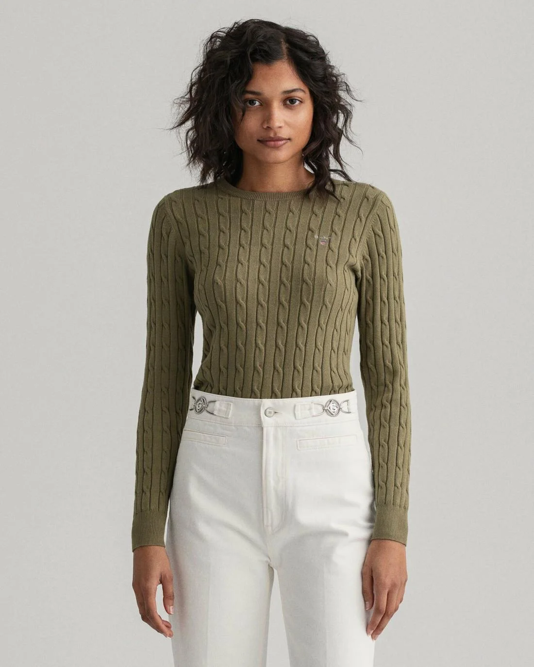 Knitwear | Womens GANT Stretch Cotton Cable Crew Neck Sweater Utility Green