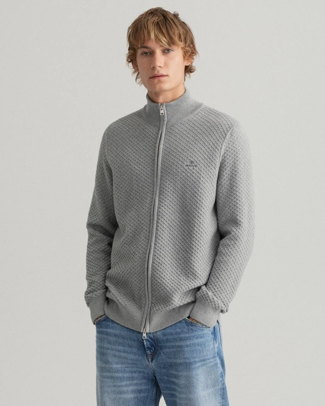 Knitwear | Mens GANT Cotton Texture Full-Zip Sweater Grey Melange