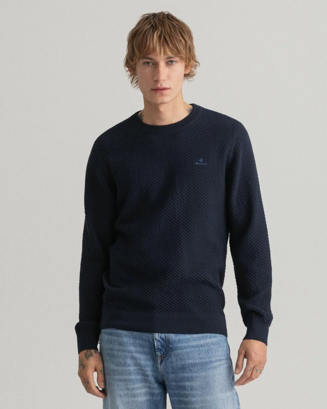 Knitwear | Mens GANT Cotton Texture Crew Neck Sweater Evening Blue