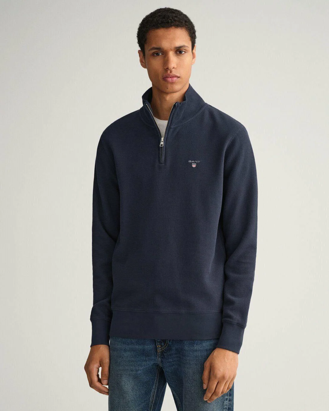 Hoodies And Sweats | Mens GANT Waffle Half-Zip Sweatshirt Evening Blue