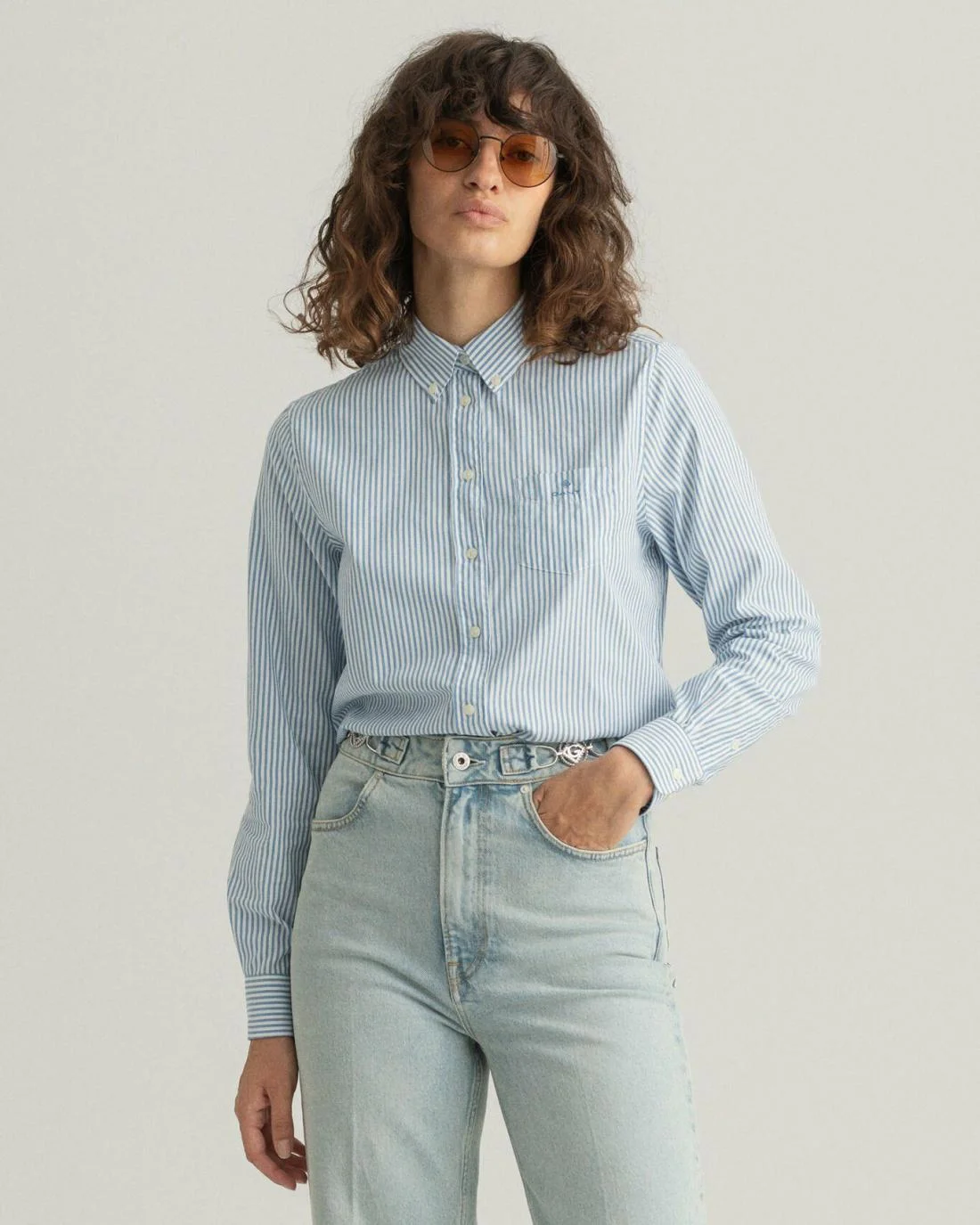 Shirts And Blouses | Womens GANT Garment-Washed Stripe Oxford Shirt Silver Lake Blue