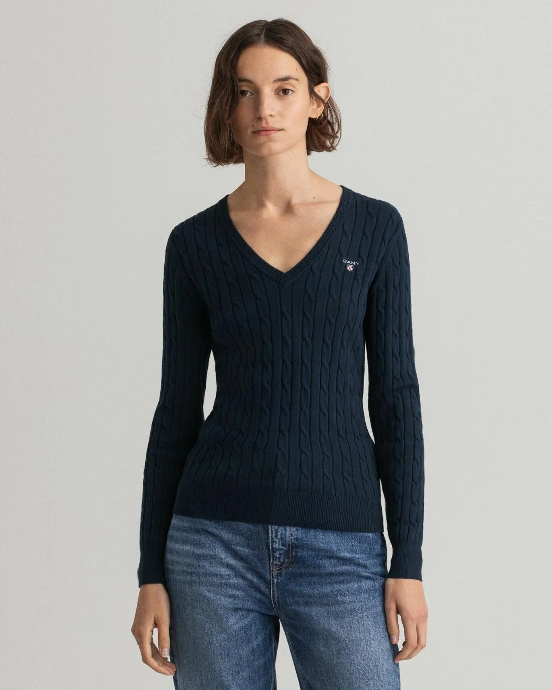 Knitwear | Womens GANT Stretch Cotton Cable V-Neck Sweater Evening Blue