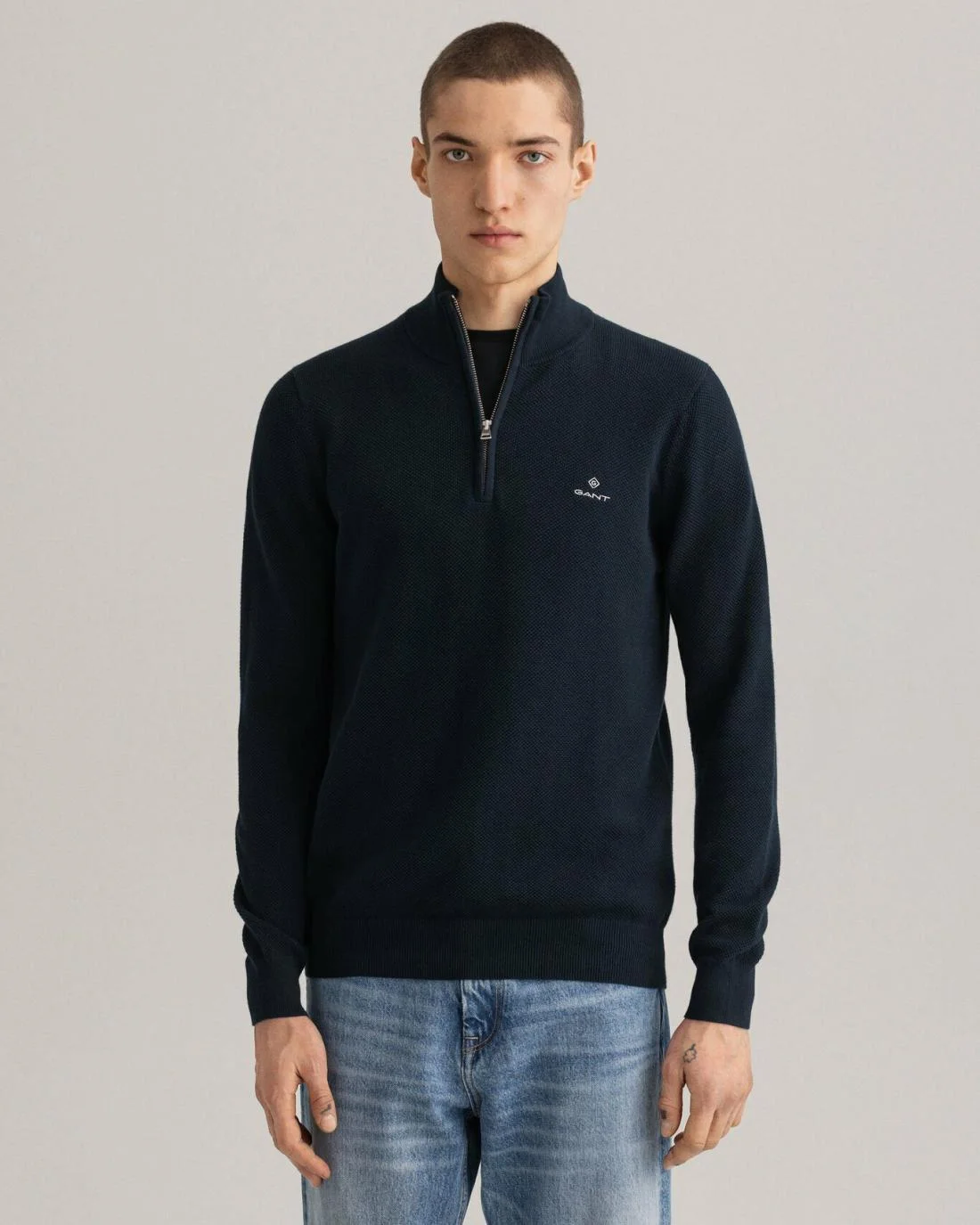 Knitwear | Mens GANT Cotton Piqué Half-Zip Sweater Evening Blue