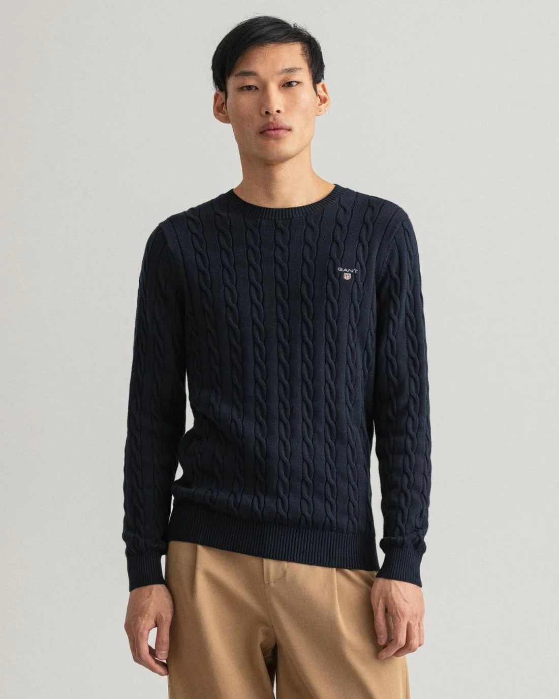 Knitwear | Mens GANT Cotton Cable Crew Neck Sweater Evening Blue