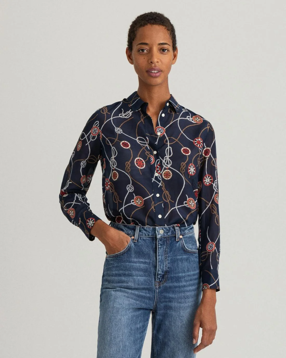 Shirts And Blouses | Womens GANT Sailing Print Cotton Silk Shirt Classic Blue