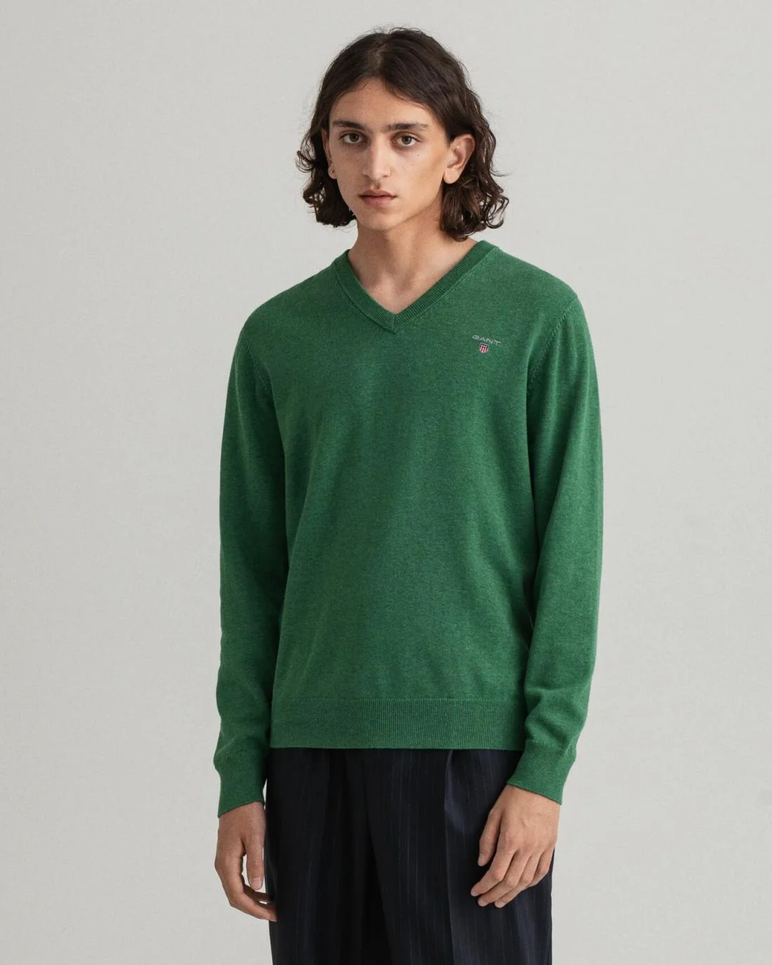 Knitwear | Mens GANT Classic Cotton V-Neck Sweater Kelly Green Melange