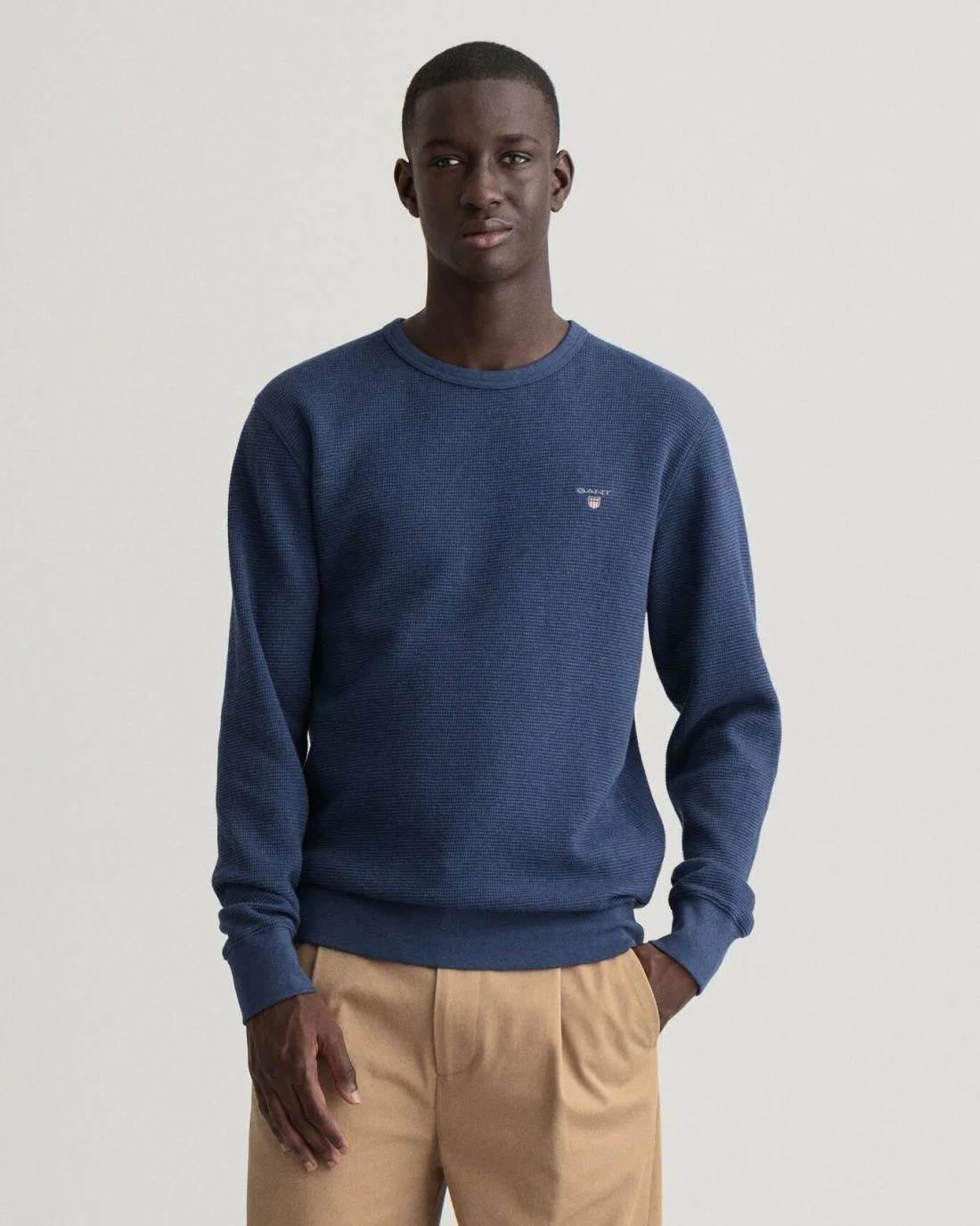 Hoodies And Sweats | Mens GANT Waffle Crew Neck Sweatshirt Marine Melange