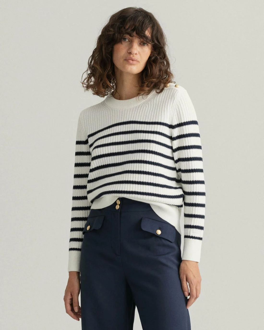 Knitwear | Womens GANT Stripe Ribbed Piqué Crew Neck Sweater Eggshell