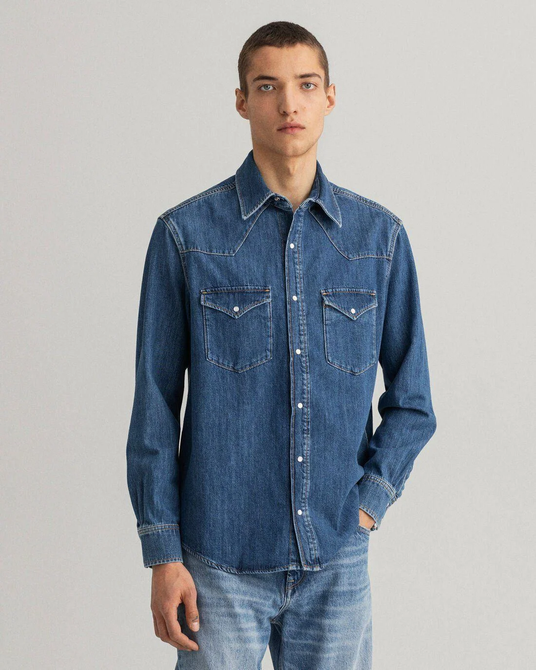 Shirts | Mens GANT Relaxed Fit Western Denim Shirt Mid Blue Worn In