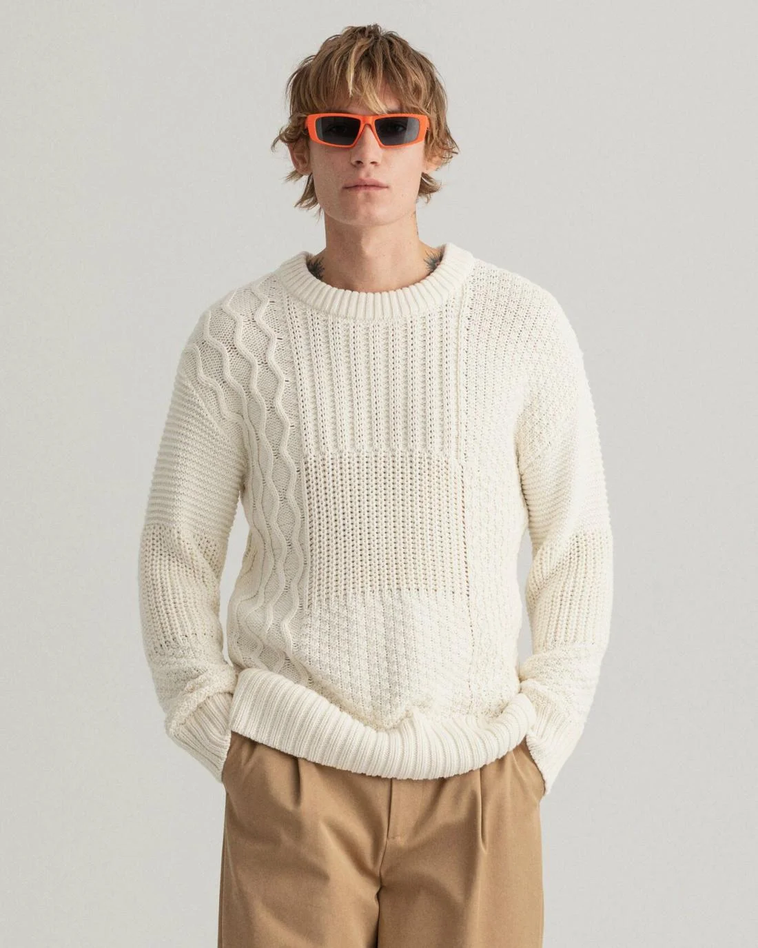 Knitwear | Mens GANT Patchwork Crew Neck Sweater Caulk White