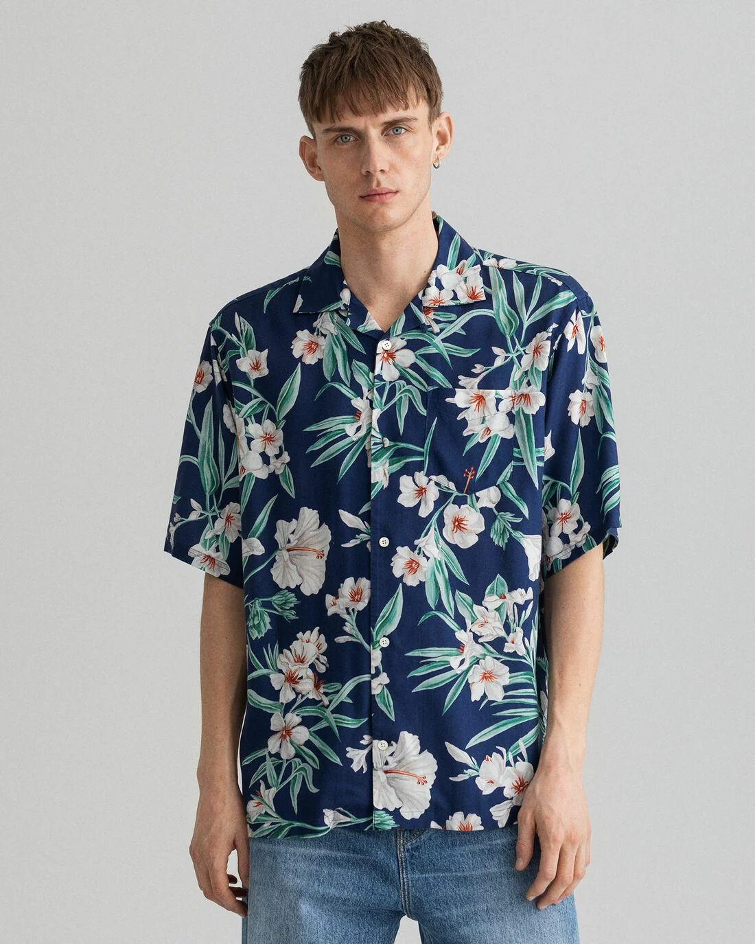 Shirts | Mens GANT Relaxed Fit Pure Prep Floral Lyocell Short Sleeve Shirt Deep Blue