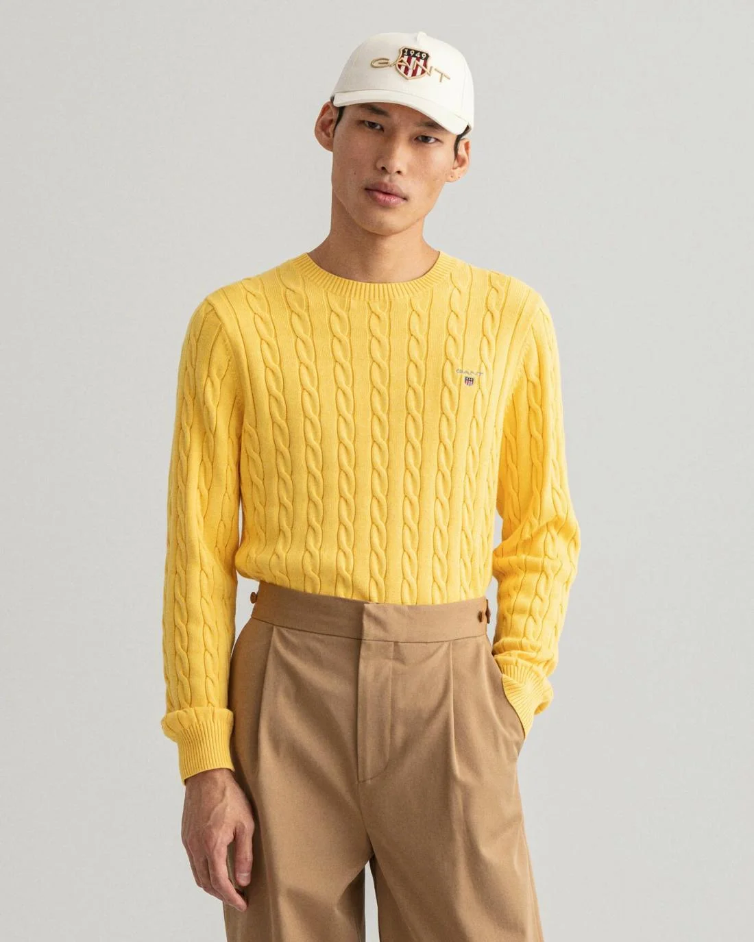 Knitwear | Mens GANT Cotton Cable Crew Neck Sweater Sun Yellow Melange