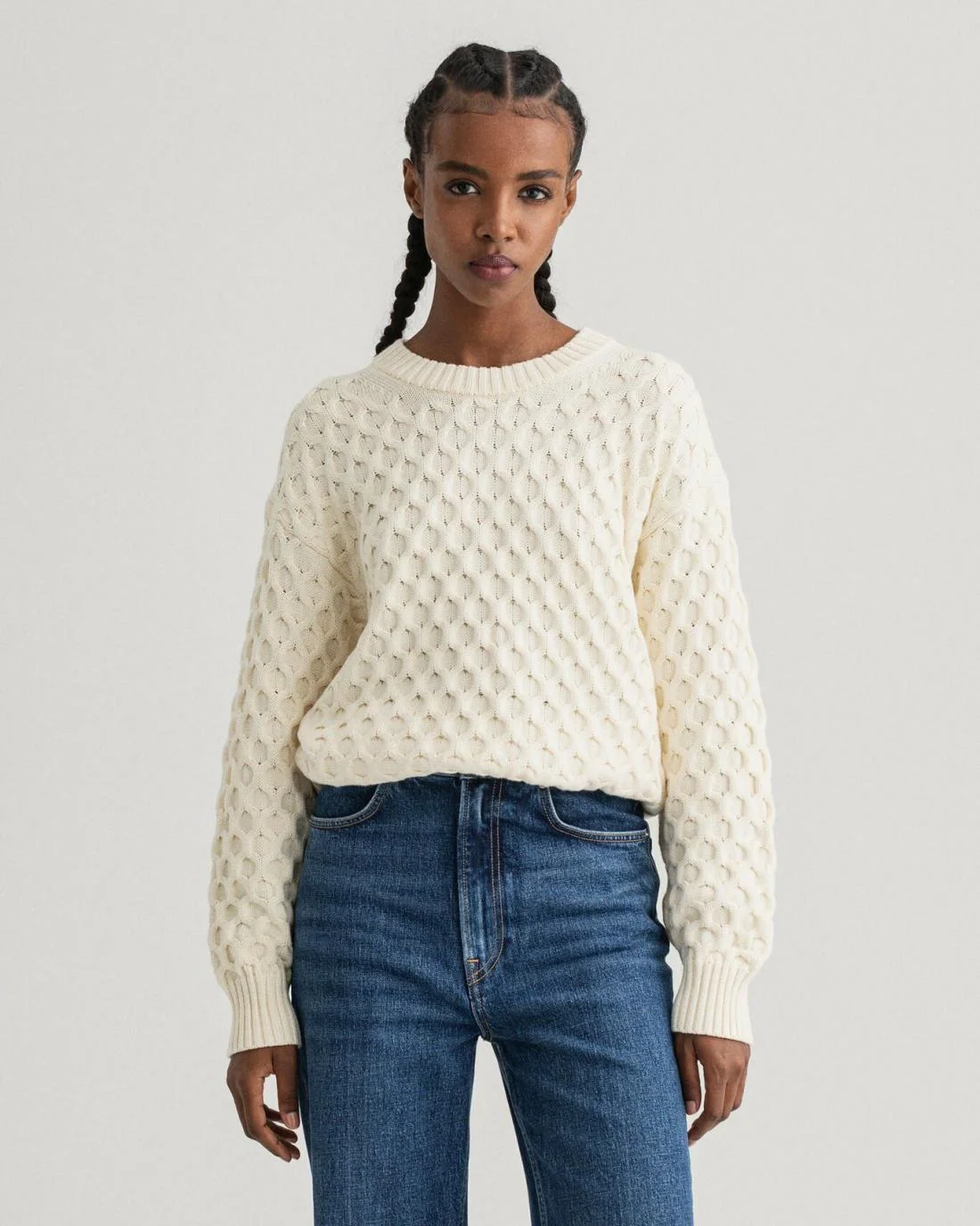 Knitwear | Womens GANT Cable Structure Crew Neck Sweater Cream