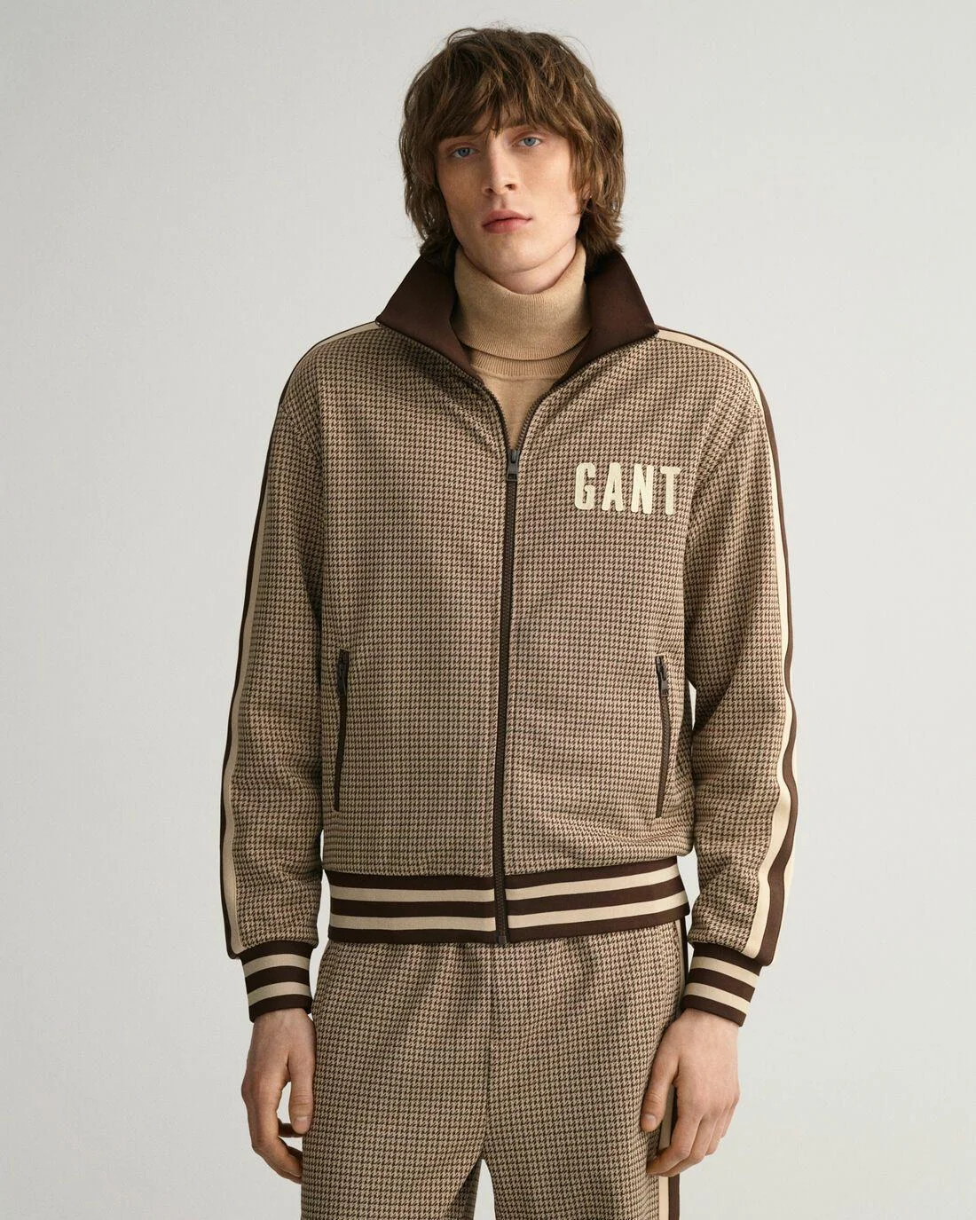 Hoodies And Sweats | Mens GANT Houndstooth Tracksuit Jacket Chocolate Brown