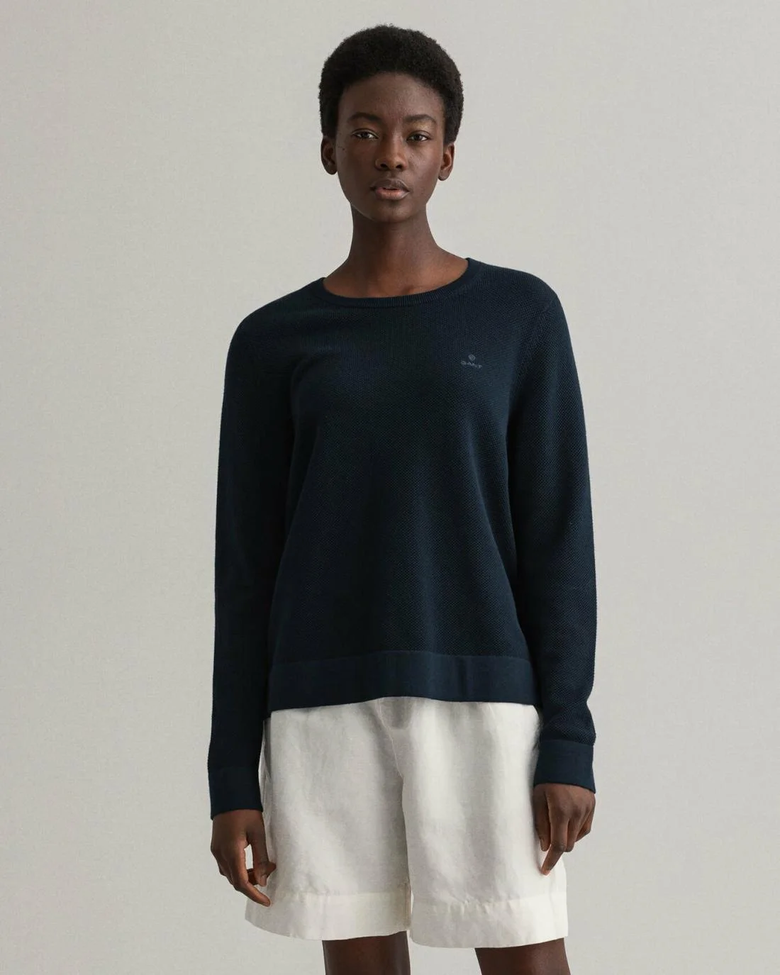 Knitwear | Womens GANT Cotton Piqué Crew Neck Sweater Evening Blue