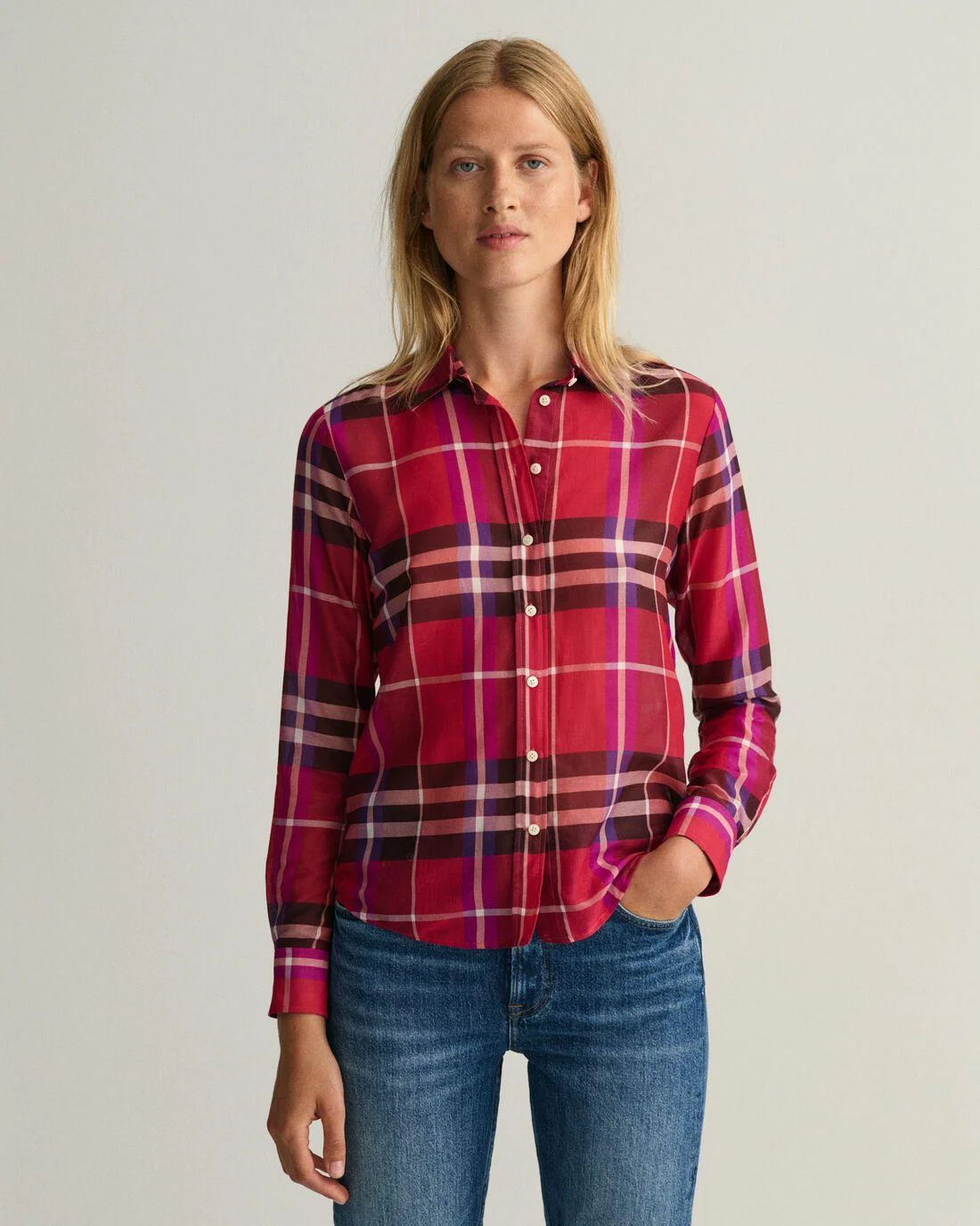 Shirts And Blouses | Womens GANT Regular Fit Cotton Silk Check Shirt Raspberry Red