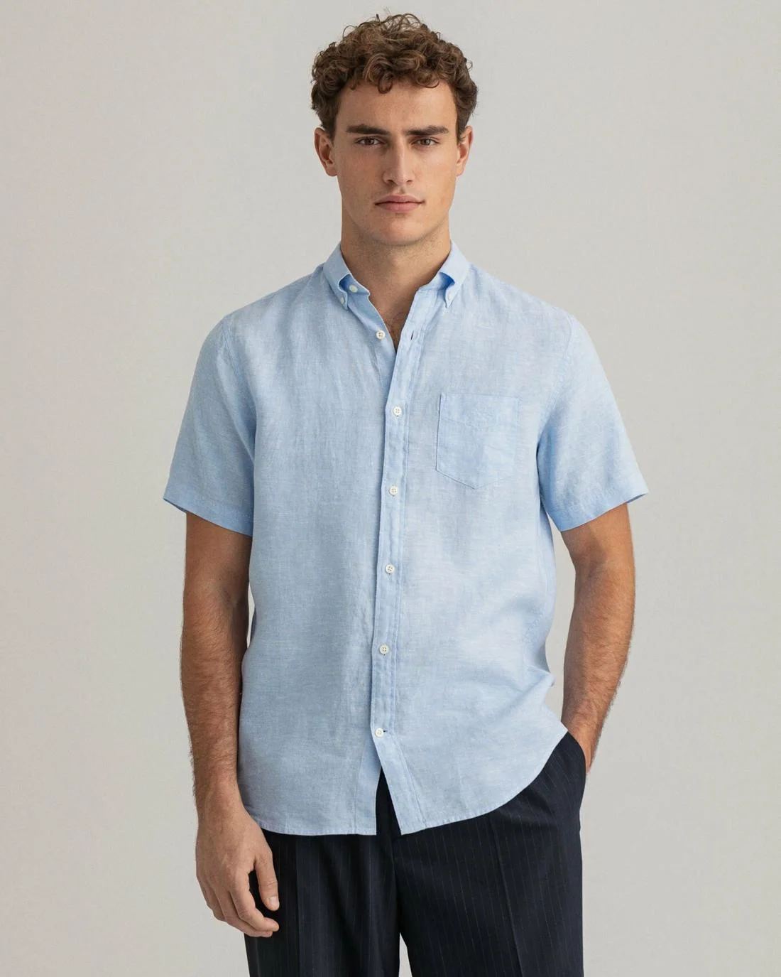 Shirts | Mens GANT Regular Fit Linen Short Sleeve Shirt Capri Blue