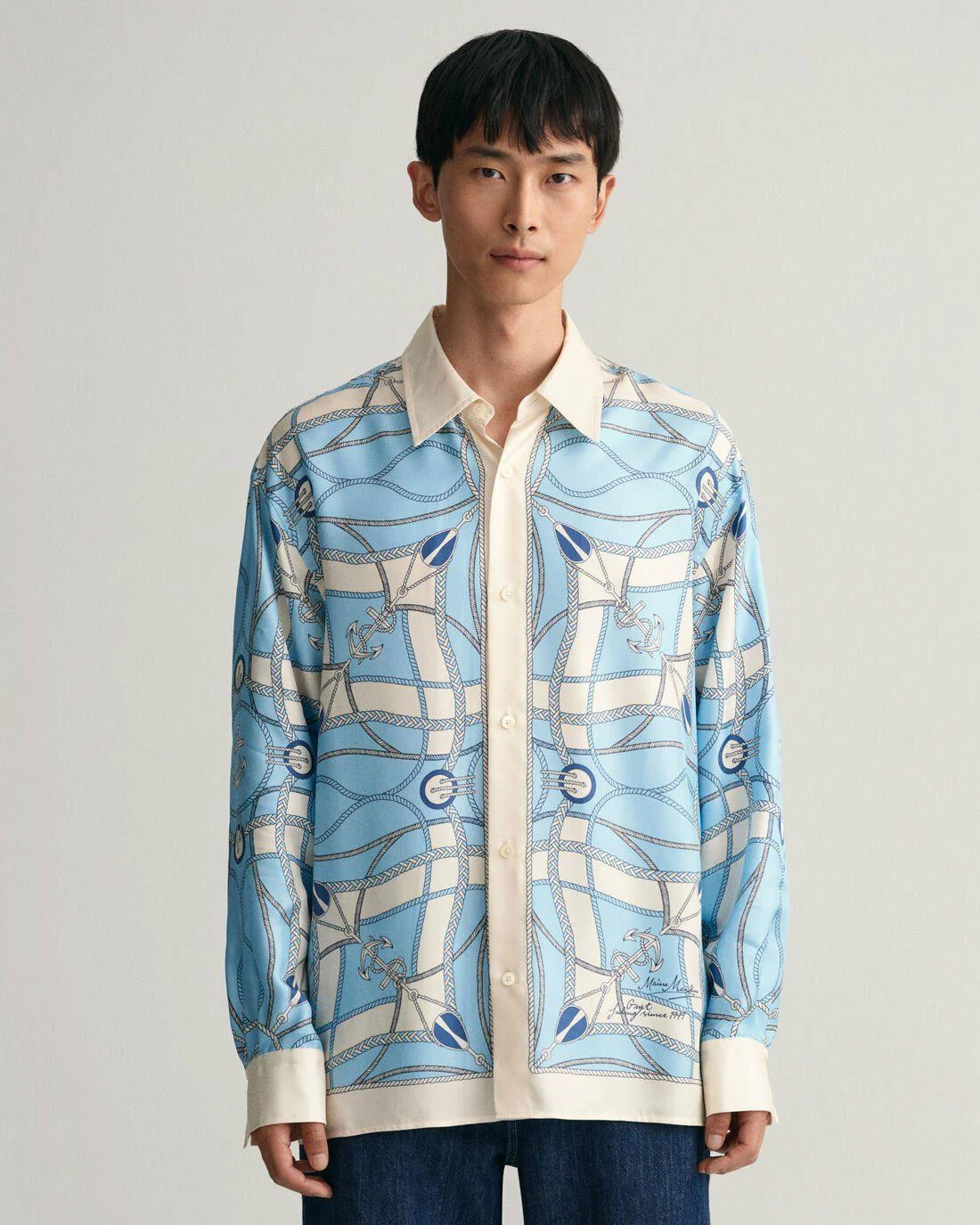 Shirts | Mens GANT Relaxed Fit Sailing Print Silk Shirt Clear Sky