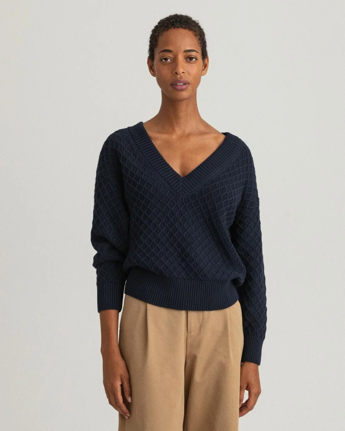 Knitwear | Womens GANT Texture Cotton V-Neck Sweater Evening Blue